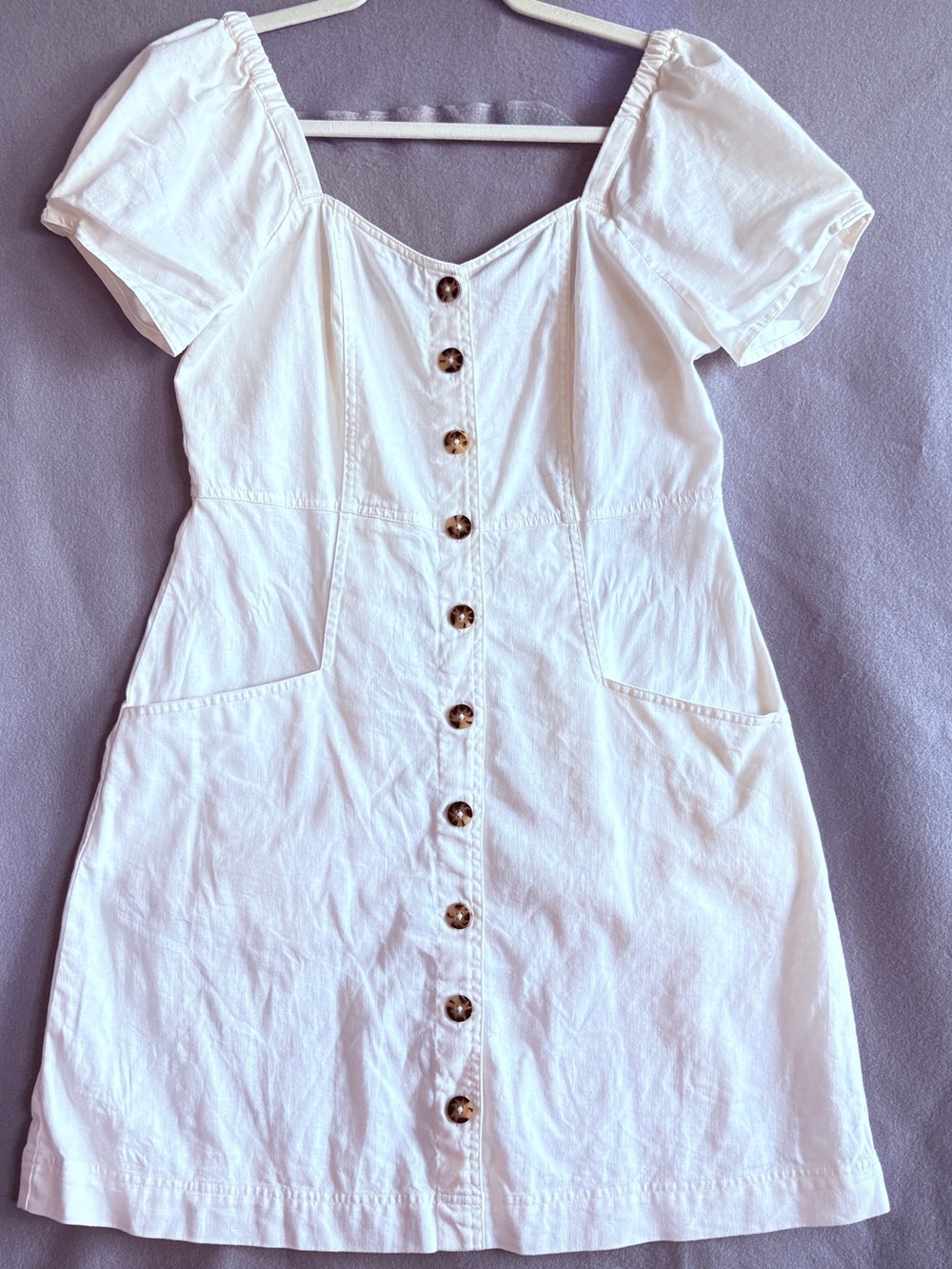 Madewell White Button-Front Mini Dress with Puff Sleeves